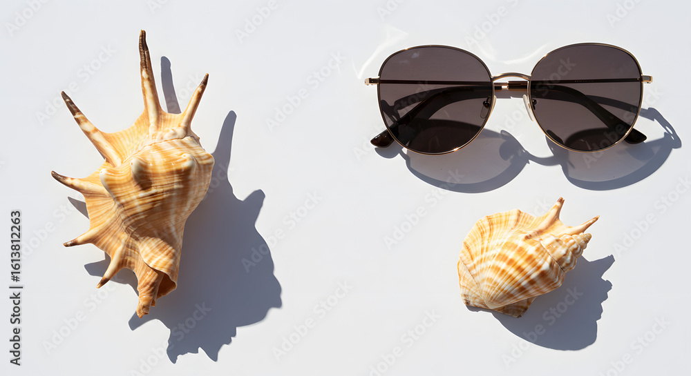 Obraz premium Conchas do mar com óculos de sol em estilo tropical