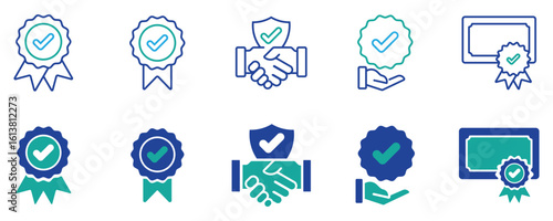 Quality certificate vector set check mark symbol representing standard compliance and product quality control