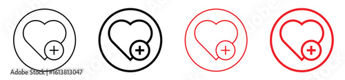 Heart with plus sign icon set. Medical love symbol, flat illustration logo.