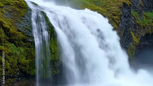 Majestic Waterfall Cascading Down Green Cliffs in Lush Nature Scene with Slow Motion Flow