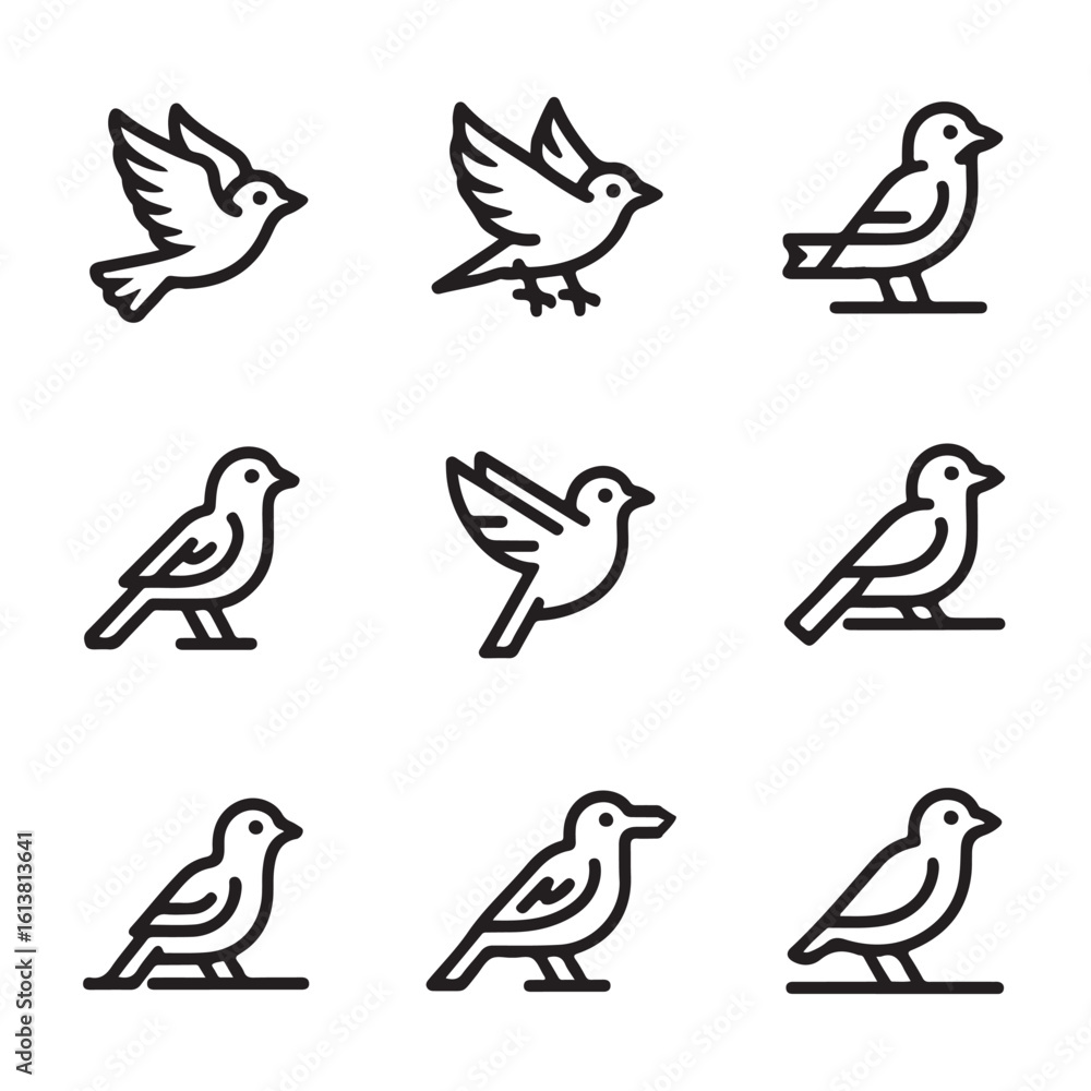 Fototapeta premium Minimalist Bird Line Icons Set – Elegant Outline Sparrow Vector Collection