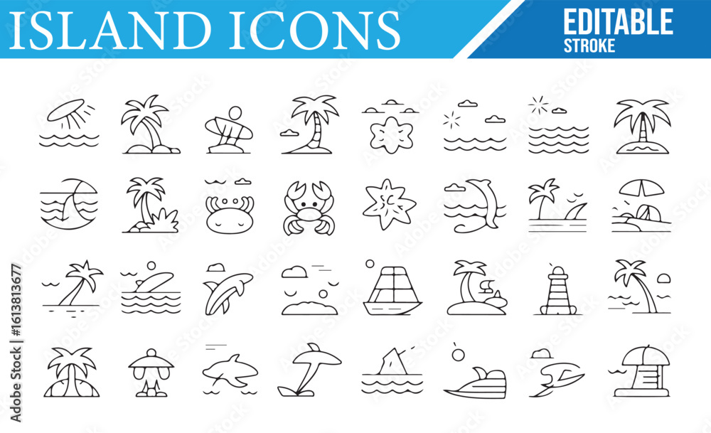 Fototapeta premium Icons for Beach and Island Adventures, Featuring Dolphins, Crabs, and Palm Trees