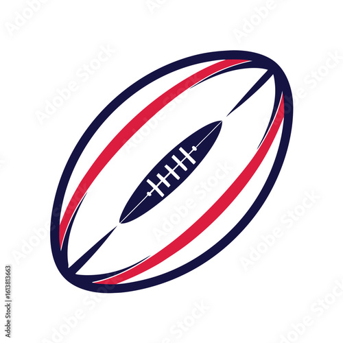 Stylized rugby ball graphic with navy blue red and white stripes sport game