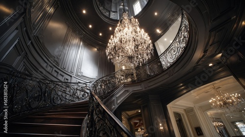 Grand, dark spiral staircase with crystal chandelier