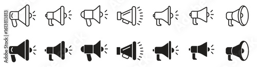 Marketing megaphone icons. Loudspeaker vector signs for communication, advertising, and promotional design elements.