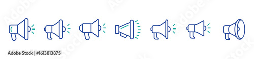 Announcement megaphone icons. Blue loudspeaker symbols for marketing, broadcast, and communication vector designs.