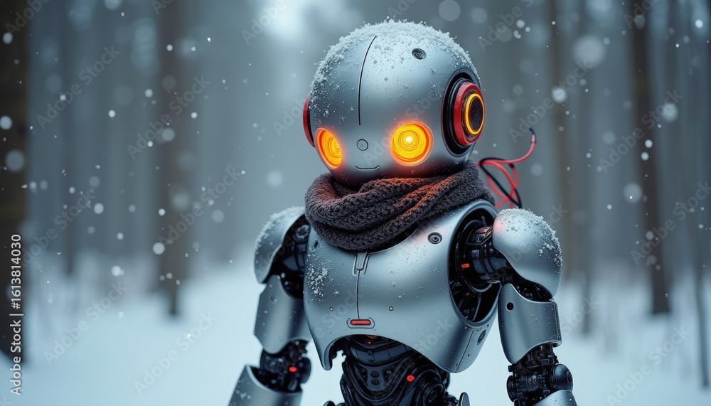 Fototapeta premium Futuristic Mecha Snowman in Cyberpunk Winter Forest at Dusk