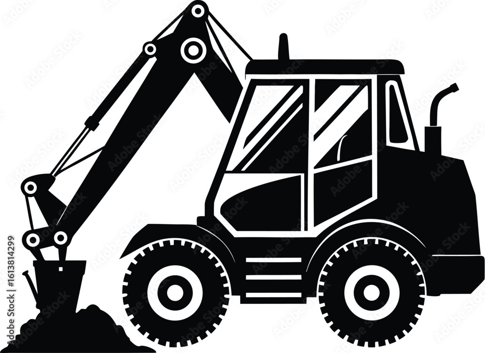 Naklejka premium Backhoe loader silhouette, construction vehicle line art, heavy equipment vector, excavator outline drawing, minimal machinery icon