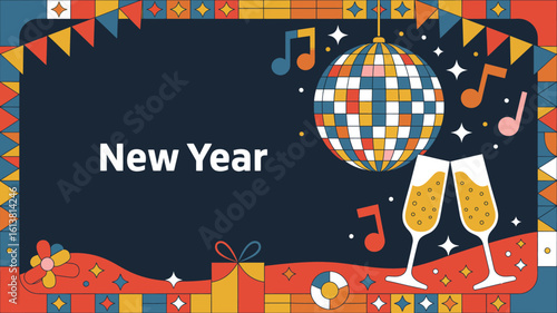 Vibrant and festive New Year celebration graphic with disco ball and champagne flutes creating a joyful atmosphere