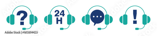 Customer service and support icon set. Headset with speech bubble symbol for call center and online communication. Vector illustration.