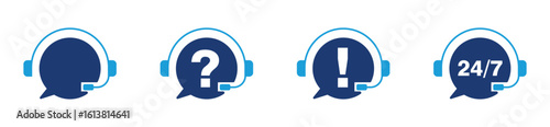 collection of blue vector icons representing customer support, call center, and communication services. Ideal for helpdesk, hotline, and business assistance concepts.