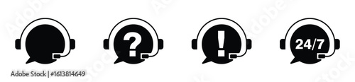 Customer care and service icons. Chat, headphone, and communication symbols representing support, helpdesk, and virtual contact tools. Vector design.