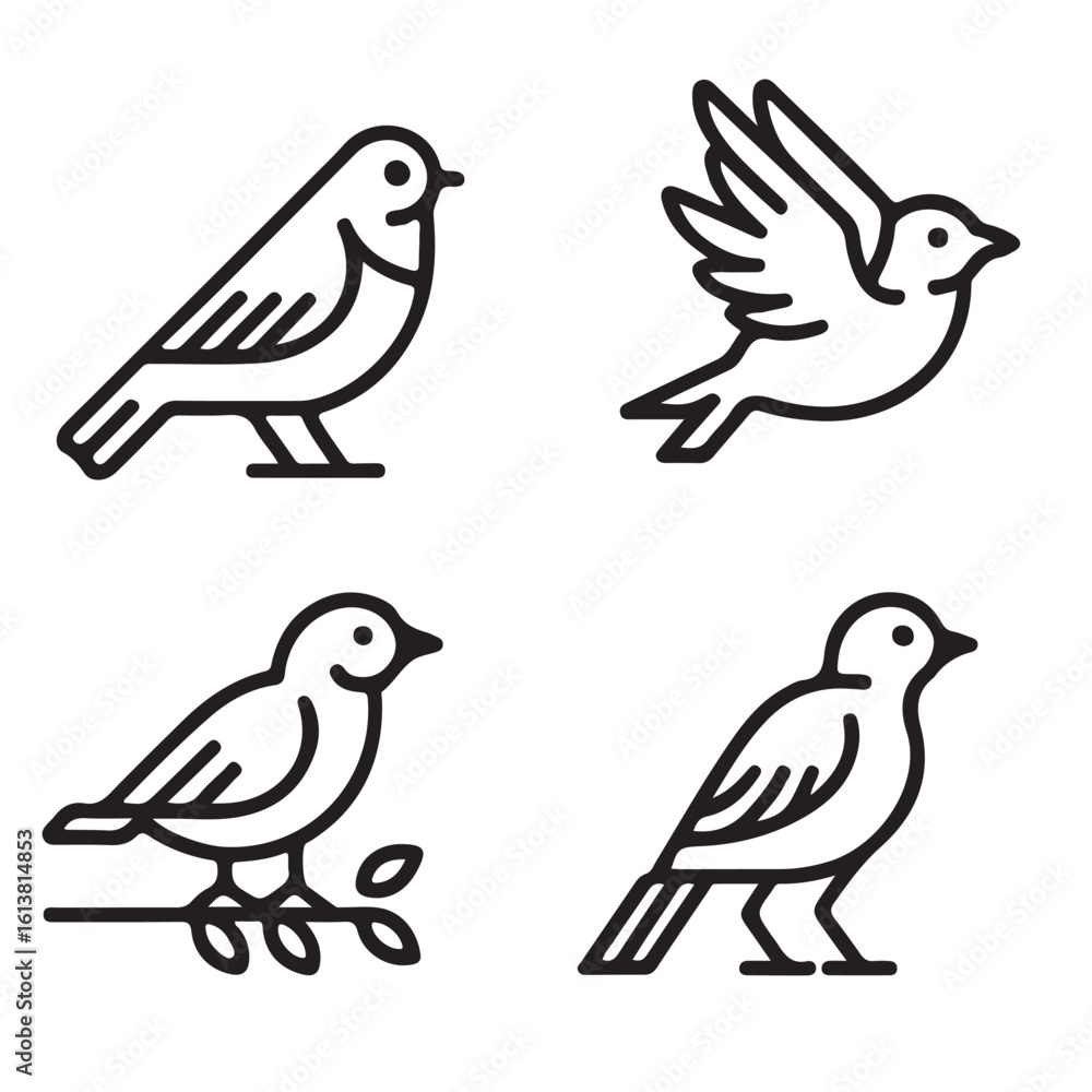 Fototapeta premium Minimalist Bird Line Icons Set – Elegant Outline Sparrow Vector Collection