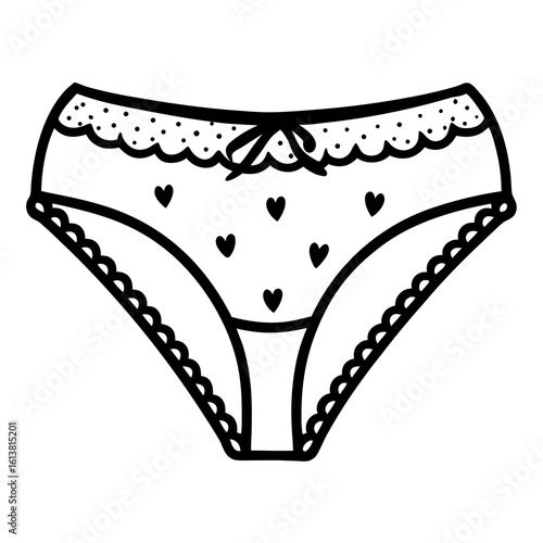 Cute heart patterned underwear with lace trim and bow silhouette isolated on white background