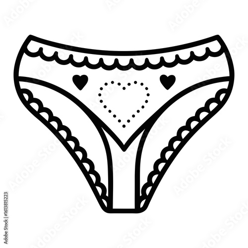 Stylized black line art silhouette of women s panties with hearts isolated on white background
