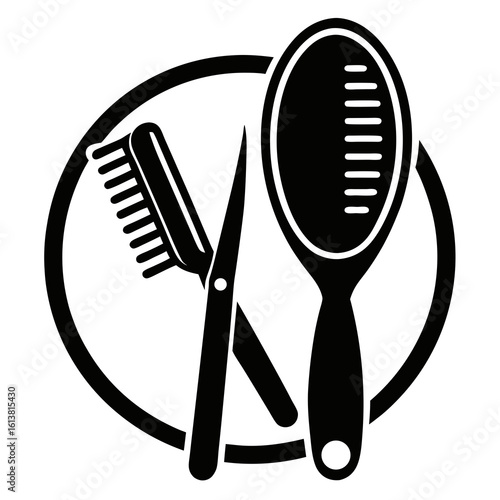 Stylized silhouette of hairdressing tools including a comb and scissors within a circle isolated on white background