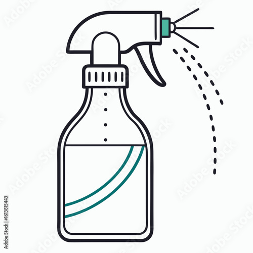 Simple line art silhouette of a spray bottle dispensing liquid isolated on white background