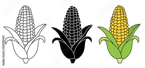 Cartoon Corn on the Cob Clipart Illustration with Outline, Silhouette Stamp and Color Variations on a Transparent Background