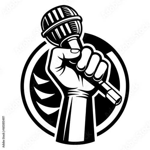 Fist holding a vintage microphone in a circular emblem silhouette isolated on white background