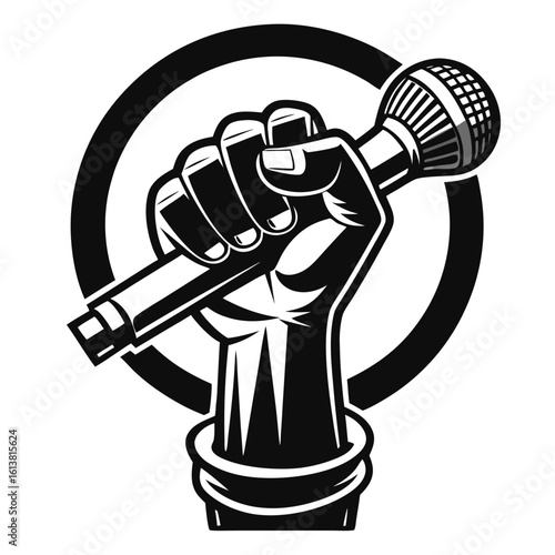 Fist holding microphone in a circle silhouette isolated on white background