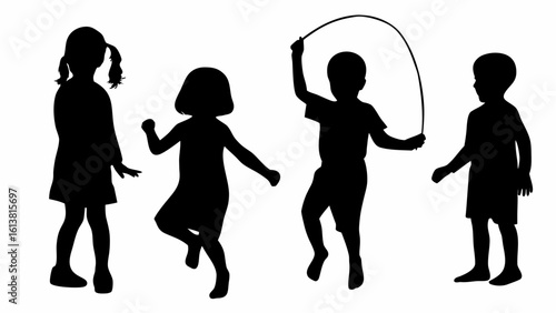 Silhouette of four children playing with a jump rope and dancing in an outdoor setting in black and white