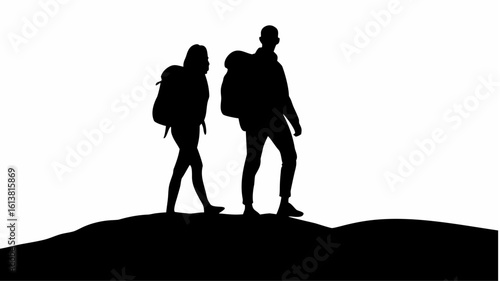 Silhouette of two backpackers standing on a hill against a bright white background in black and white style