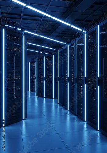 Futuristic server room with neon lights illuminating data centers and technology infrastructure
