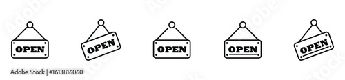 Business entry icons. Outline vector symbols of open light signs for shops and offices.