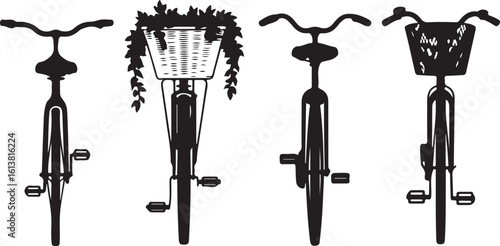 Four black bicycle fronts with plants in basket bike