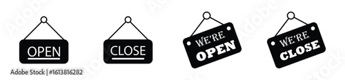 Business shop door signs, open and closed hanging labels, outline vector style
