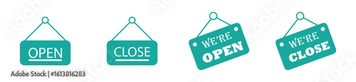 Café and shop door hanging signs, open welcome closed label, line icon illustration