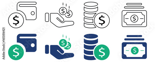 Vector set of money bag, cash, and coin icons ideal for financial, banking, and business illustration.