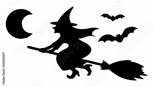 Silhouette of a witch flying on a broomstick with a moon and bats in a halloween themed illustration