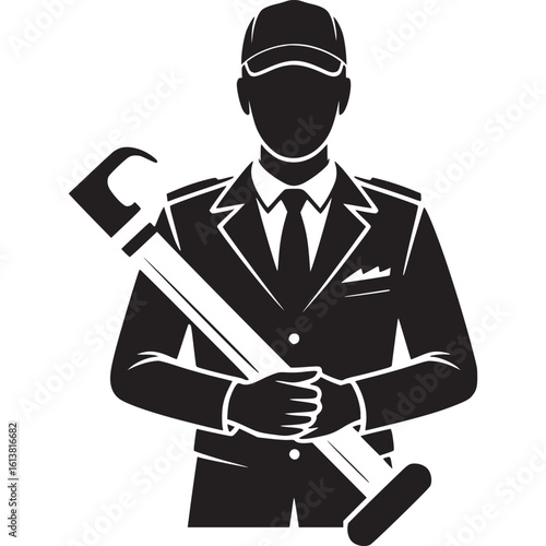 A silhouette of a man in a suit and cap holding a large caulk gun against a white background art on transparent background