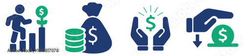 Money bag and cash icon set finance, banking, and investment line symbols including dollar signs, coins, and banknotes. Perfect for savings, profit, and wealth concepts.