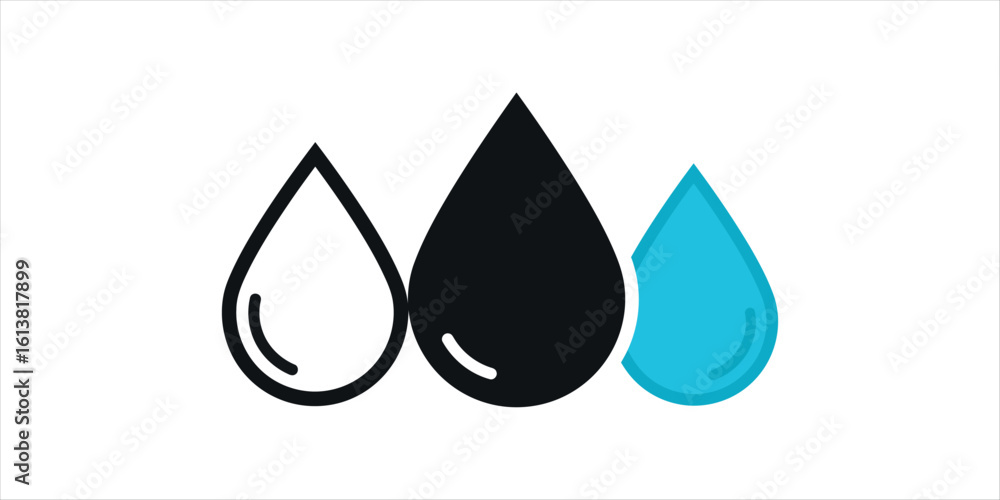 Three stylized water drops in black white and blue on white background liquid drop Three stylized water drops in black white and blue on white background liquid drop
