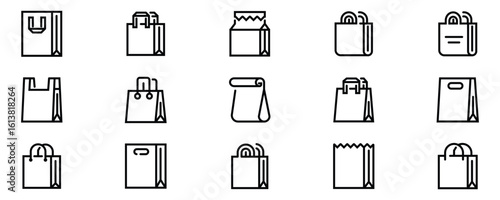 Shopping bag icon set. Collection of various tote and paper bags in minimalist outlined linear style. Vector illustration.