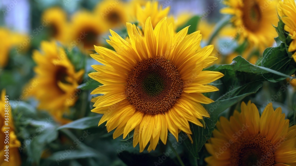 Fototapeta premium Vivid sunflowers stand tall in a field, their yellow petals bright against a backdrop of green leaves. This lively scene captures the beauty of summer in full bloom