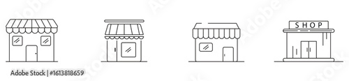 Marketplace and shop icon set in outline and solid design. Retail store, shopping, and business concept vector illustration.