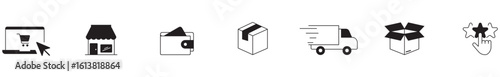 Online shopping delivery stages: illustrated order tracking icons