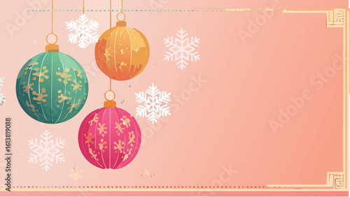 Peach Background Vintage Christmas Card Featuring Retro Ornaments, Holiday Greeting Card Design, Nostalgic Festive Illustration
