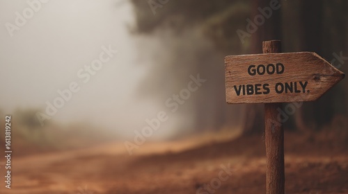 Soft foggy morning in the woods with good vibes only nature scene warm tones tranquil environment