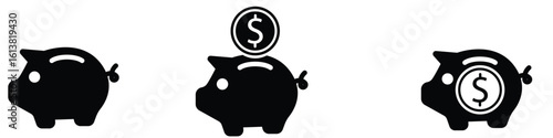 Finance and saving icon collection. Piggy bank and coin vector symbols for investment and economy themes.