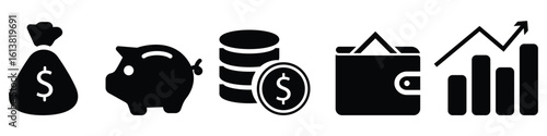 Money and finance symbol set. Flat vector icons of wallet, coins, stash, and piggy bank for business concepts.