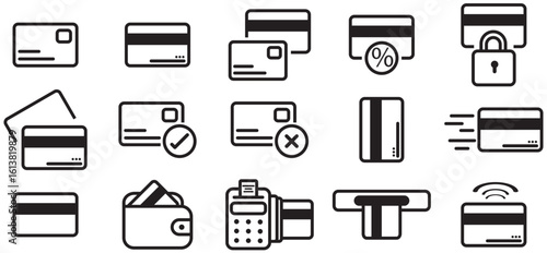 Credit card blocked icon set. Secure payment and finance protection symbols. Technology to prevent hacking, theft, and data loss.