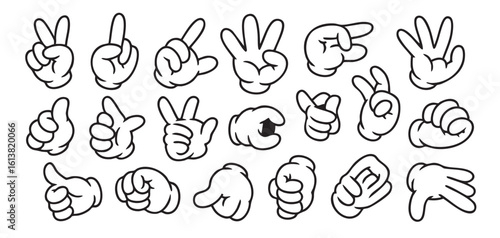 Black and white cartoon hands showing various gestures and numbers hand gestures thumbs up