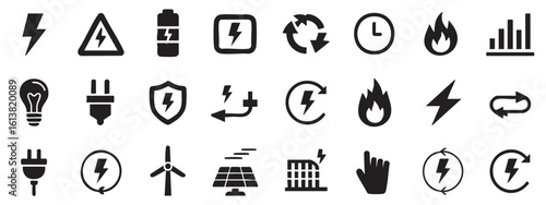 Black and white icons for energy and electricity concepts power lightning bolt