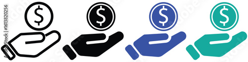 Financial assistance and payment icon. Hand holding money or dollar coin symbol representing support and funding.
