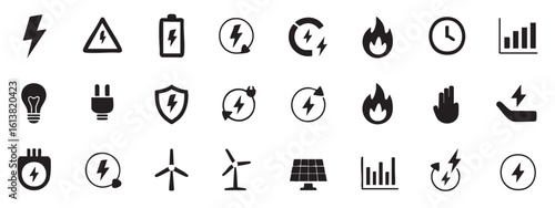 Black and white icons for energy and power symbols electricity lightning bolt
