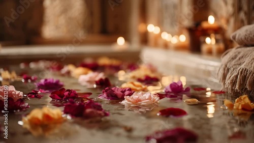 Floating rose petals on warm water with soft candlelight create romantic spa relaxation and peaceful atmosphere perfect for unwinding and self care moments in cozy flower setting